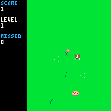 Animated GIF of Lt. Dan's Dream Run, a retro-style video game featuring a dog chasing after snacks.